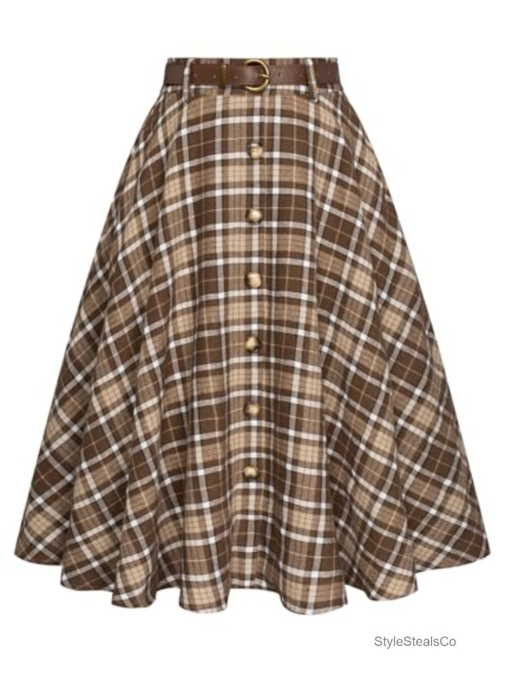 Plaid A-Line Midi Skirt Pleated Flared with Pockets & Belt